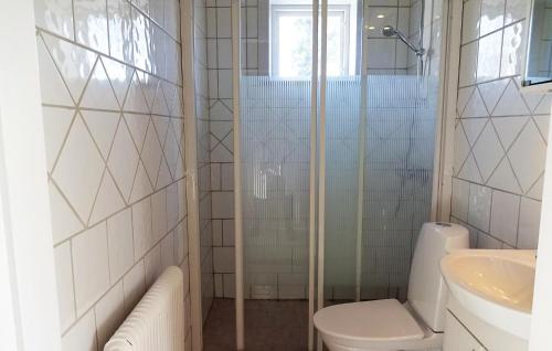 uma casa de banho com um chuveiro, um WC e um lavatório. em Awesome Home In Tomelilla With Kitchen em Bollerup