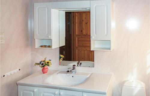 a bathroom with a sink and a mirror at Cozy Home In Varaldsy With Kitchen in Gjuvsland