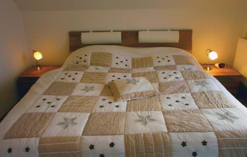 ein Bett mit einer Decke mit zwei Lampen in der Unterkunft Amazing Home In Breege Ot Juliusruh With Kitchen in Juliusruh