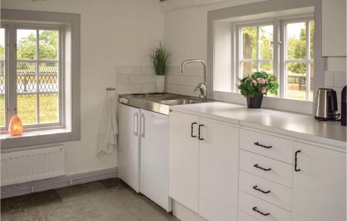 a kitchen with white cabinets and a sink and two windows at Nice Home In Mantorp With 2 Bedrooms And Wifi in Mantorp