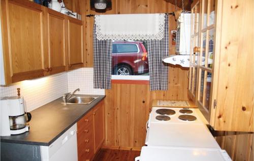 a kitchen with a stove and a van in the window at Beautiful Home In Nordtveitgrend in Haugen