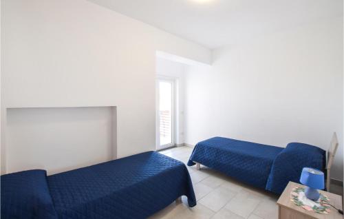 1 dormitorio con 2 camas azules y ventana en 2 Bedroom Nice Apartment In Nicotera Marina, en Nicotera Marina