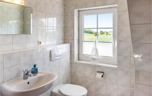 a bathroom with a sink and a toilet and a window at Cozy Apartment In Emmelsbll-horsbll With Wifi in Emmelsbüll-Horsbüll