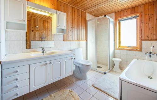 a bathroom with a sink and a toilet and a shower at Awesome Home In Fjrtoft With 5 Bedrooms, Internet And Sauna in Fjørtoft