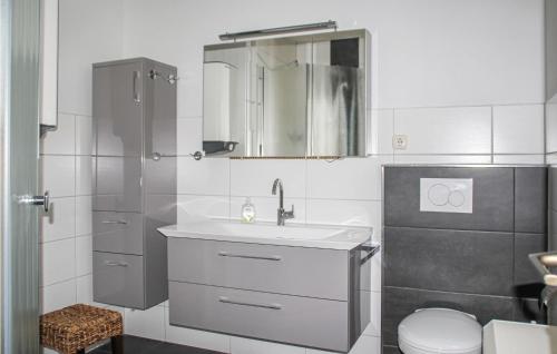 a bathroom with a sink and a toilet and a mirror at Beautiful Home In Fuhlendorf With Wifi in Fuhlendorf