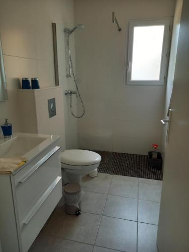La salle de bains est pourvue de toilettes, d'un lavabo et d'une douche. dans l'établissement hébergement figari, à Figari