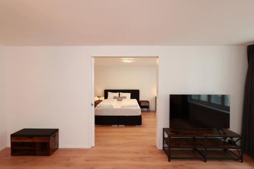 una camera con un letto e un grande televisore di KoBi Apartments Falkenplatz a Lucerna