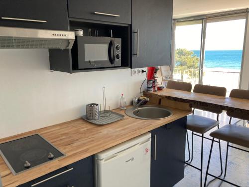 une cuisine avec un comptoir avec un évier et un micro-ondes dans l'établissement Appartement vue sur mer, à Argelès-sur-Mer