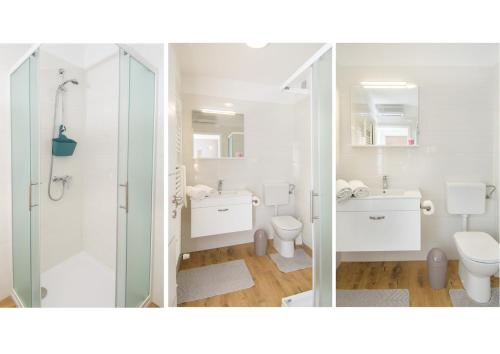 biała łazienka z 2 toaletami i prysznicem w obiekcie Apartment Bruneta 2 with Terrace w mieście Vabriga