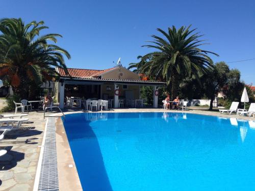 a large swimming pool with palm trees and a house at Tzilios Studios in Acharavi