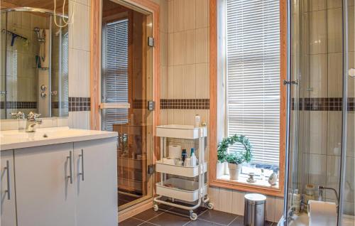 bagno con doccia, lavandino e specchio di Lovely Home In Vrdal With Sauna a Vrådal