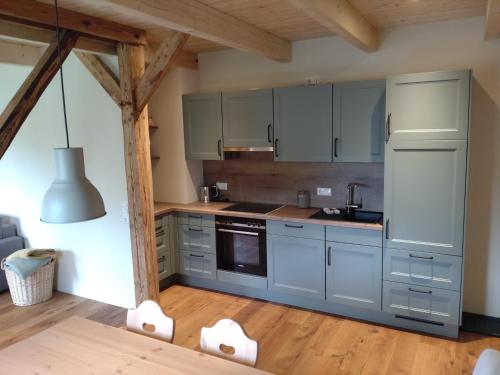 a kitchen with blue cabinets and wooden floors at Ferienhof- Eiderdeich Whg. 3 Edith in Delve