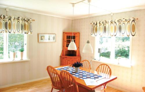a dining room with a table and chairs and windows at Stunning Home In Vrigstad With Wifi in Vrigstad