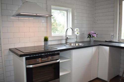 una cucina con lavandino e piano di lavoro di Cozy holiday house close to nature in Ödeshög, Gränna a Ödeshög