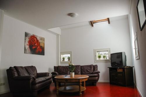 a living room with couches and a table and a tv at Bed & Breakfast de Kreitsberg in Duifhuis