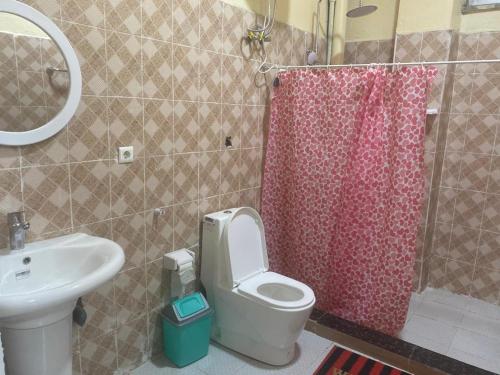uma casa de banho com um WC, um lavatório e um chuveiro em Betsi Bed & Breakfast (BBB) em Addis Ababa
