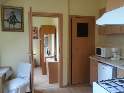 a kitchen with a microwave and a door to a bathroom at Center Park Apartment in Cluj-Napoca