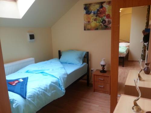 a small bedroom with a bed and a mirror at Center Park Apartment in Cluj-Napoca