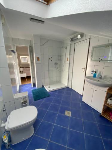Baño de azulejos azules con aseo y lavamanos en Apartman S&D Rogoznica, en Rogoznica