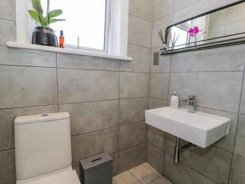 a bathroom with a toilet and a sink and a window at 18 Tyn Celyn in Llandudno