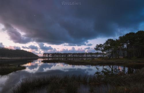a body of water with a cloudy sky and trees at Hotel Rural La Sobreisla in Puerto de Vega