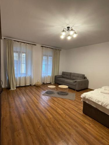 a living room with a bed and a couch at Apartament Central Tipografilor in Sibiu