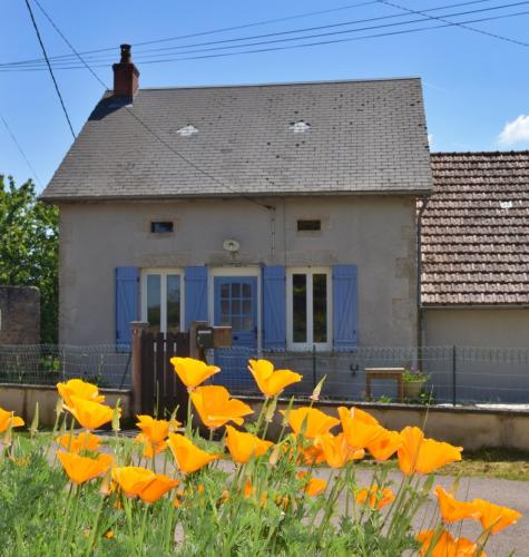 a house with a field of yellow flowers in front of it at Chez Daniel in Vauclaix