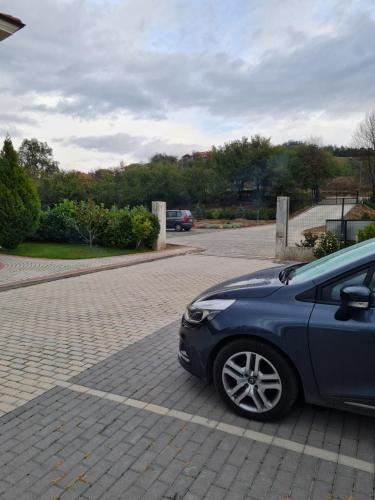 un'auto blu parcheggiata in un parcheggio di Guesthouse Green Fields a Garmen