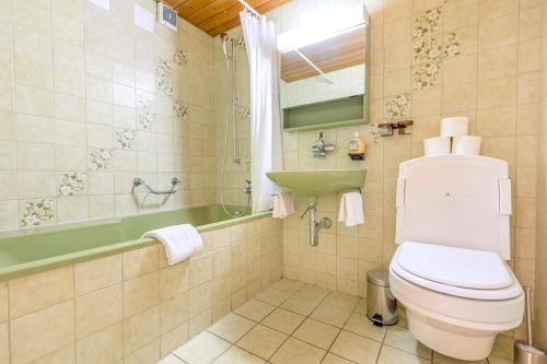 格林德瓦的住宿－Eiger Apartment，浴室配有卫生间、盥洗盆和浴缸。