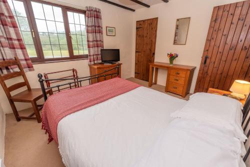 a bedroom with a bed and a television in it at Providence Cottage in Woolacombe