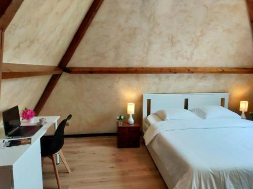 ein Schlafzimmer mit einem Bett und einem Schreibtisch mit einem Computer in der Unterkunft Maison 110 m² cosy au calme avec jardin de 1000 m² in Pont-Audemer