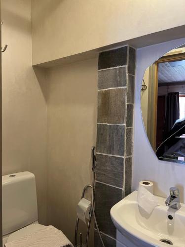 a bathroom with a toilet and a sink and a mirror at Hotel Repvåg in Repvåg