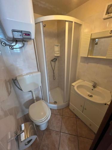 a bathroom with a toilet and a shower and a sink at Casa Ambrosia Tropea in Tropea