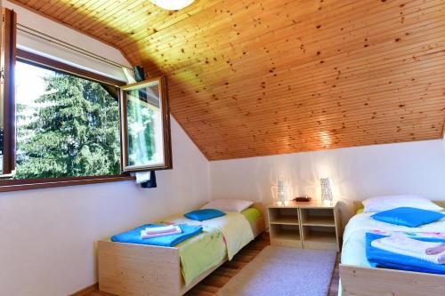 two beds in a room with a wooden ceiling at Apartman Jelena in Rakovica