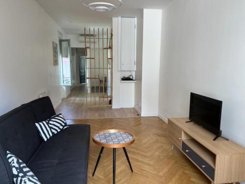 un salon avec un canapé noir et une télévision dans l'établissement Grand appartement Fontana, à Nice