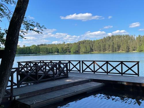 a wooden dock on a lake with a tree at Domek Pod Lasem 45,1 Ostoja Bukowo in Borowy Młyn