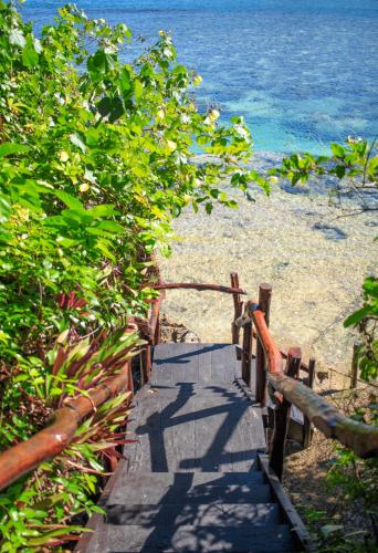 a wooden path leading to the beach with the ocean at Savasi Island Resort in Savusavu