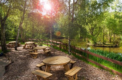 a group of picnic tables in a park next to a river at Chevin Country Park Hotel & Spa in Otley