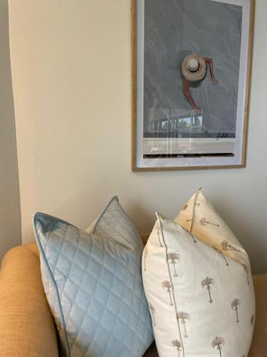 two pillows sitting on a couch with a picture on the wall at Burnham House B&B in Durban
