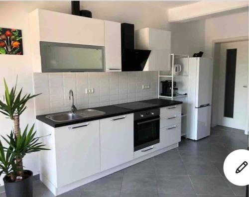 a white kitchen with a sink and a refrigerator at Lovely apartment in nature with infrared sauna! in Postojna