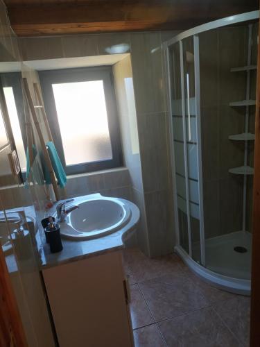 W łazience znajduje się umywalka i prysznic. w obiekcie Cantinho do Barroco w mieście Penacova