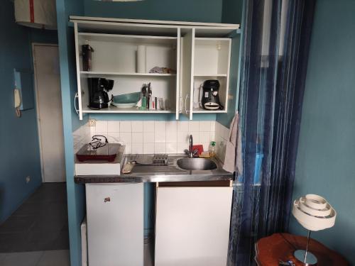 uma pequena cozinha com armários brancos e um lavatório em Studio au calme em Péronnas