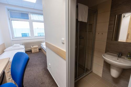 La salle de bains est pourvue d'un lavabo, de toilettes et d'une douche. dans l'établissement Arena Apartments, à Havlíčkův Brod