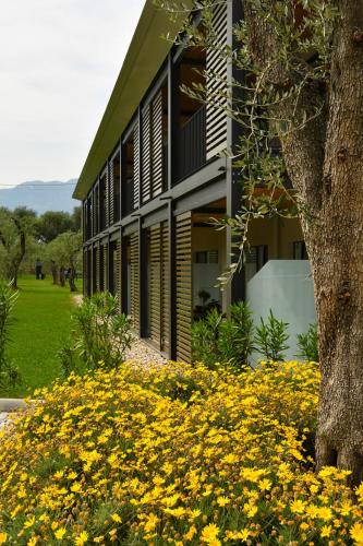 a building with yellow flowers in front of it at Residence Malcesine-Active&Family in Malcesine