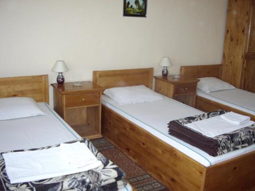two twin beds in a room with two lamps at Family Hotel "May" in Petrich