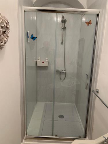 a shower with a glass door in a bathroom at The Badger Set in Hinderwell