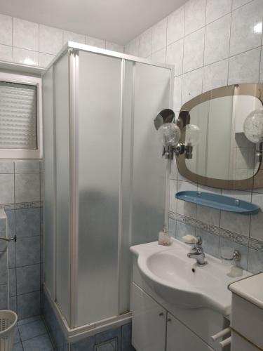 een badkamer met een douche, een wastafel en een spiegel bij L&E in Podaca