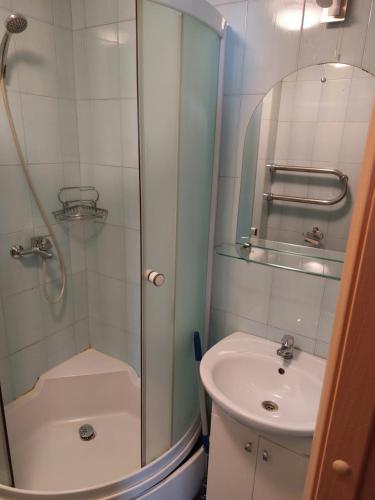 une salle de bain avec douche et lavabo dans l'établissement Inzenieru 77 Apartments, à Ventspils