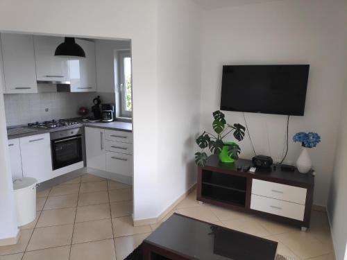 a kitchen with white cabinets and a flat screen tv at Apartman Ema in Tar