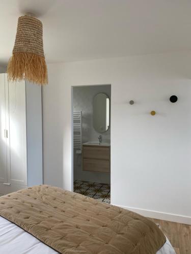 um quarto com uma cama com um espelho e um lavatório em Casa Nomad - appartement cozy les pieds dans l'eau em Ploemeur